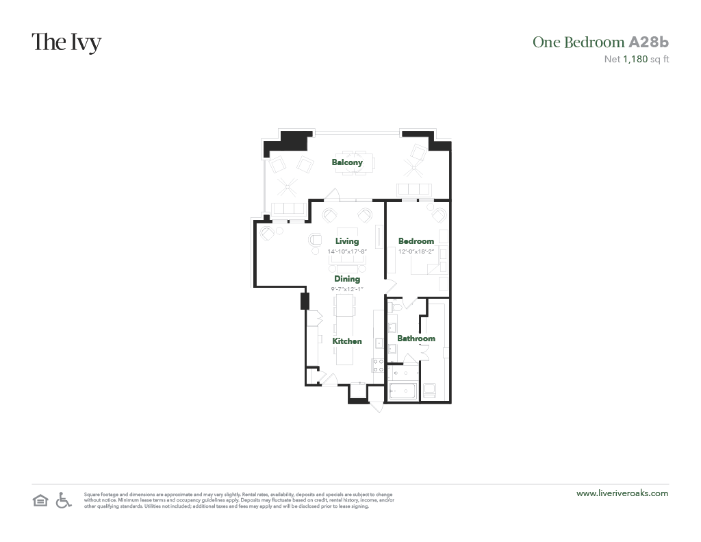 Floor plan for 1 bed, 1 bath, 1180 sqft
